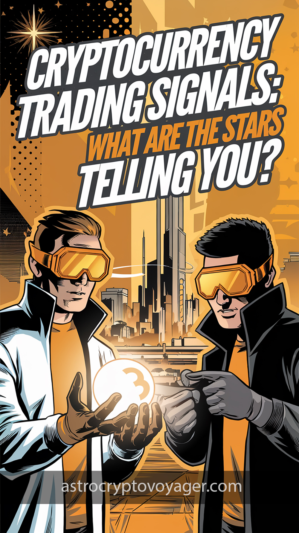 Comic book style, black and white with orange accents: Text on the image: "Cryptocurrency Trading Signals What Are the Stars Telling You"